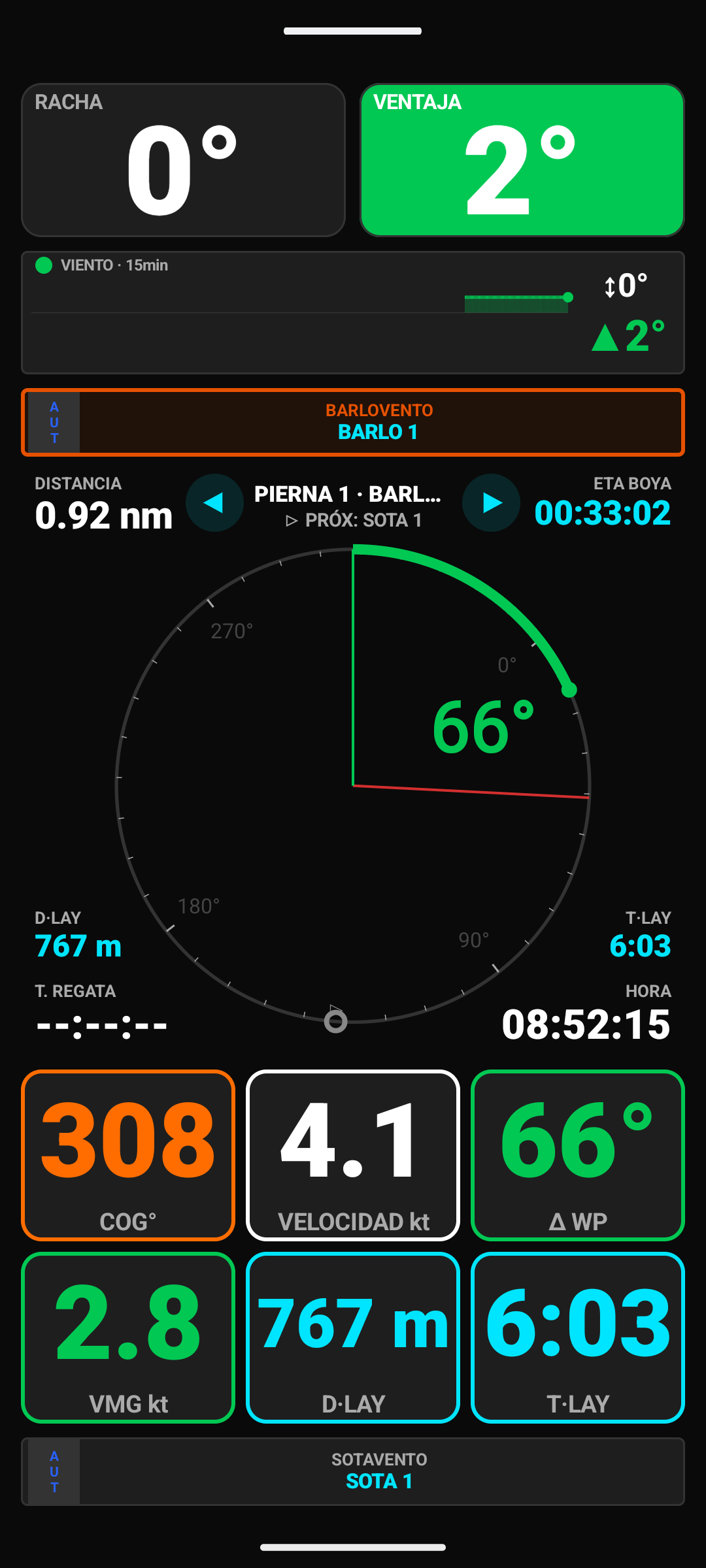 TACTICAL VMG en celular: compás con laylines y datos de pierna / TACTICAL VMG on a phone: compass with laylines and leg data